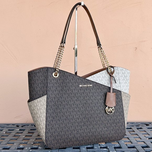 Michael Kors Jet Set Travel Large X Chain Color-Block Tote Shoulder Bag MK Brown - Picture 3 of 12